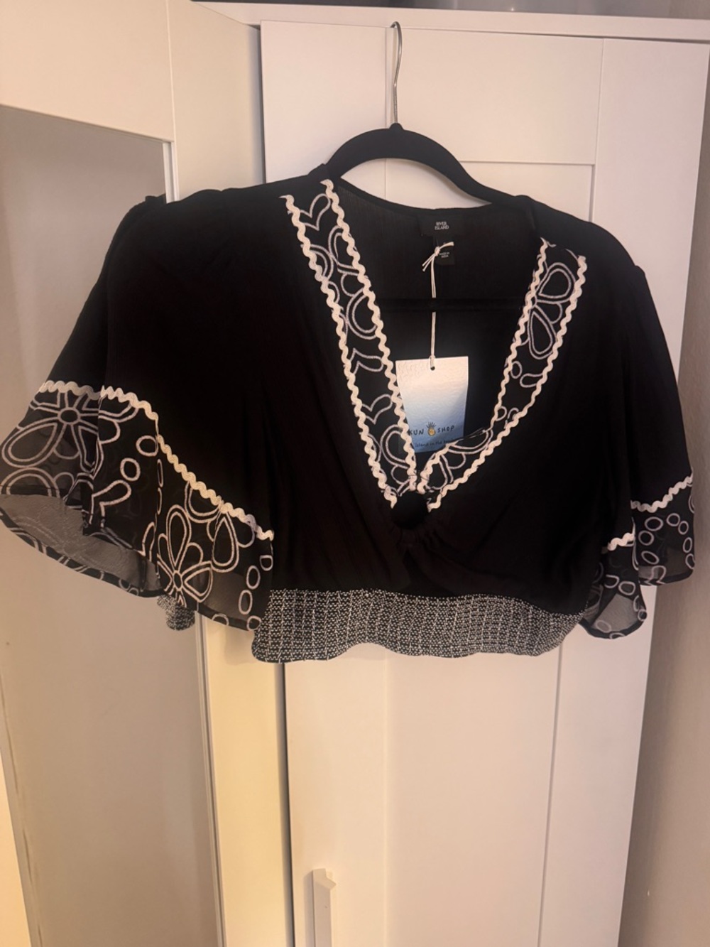Black Embroidered V-Neck Cropped Top